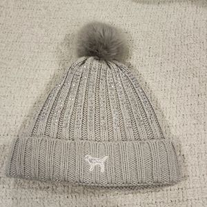 VS Victoria's Secret Pink Grey Rhinestone Bling Pom Beanie